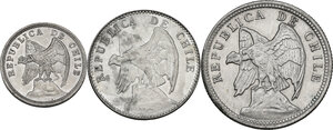 obverse: Chile. Lot of 3 (three) AR coins, 5 Centavos 1938, 1 Peso 1932 and 20 Centavos 1920
