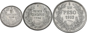 reverse: Chile. Lot of 3 (three) AR coins, 5 Centavos 1938, 1 Peso 1932 and 20 Centavos 1920