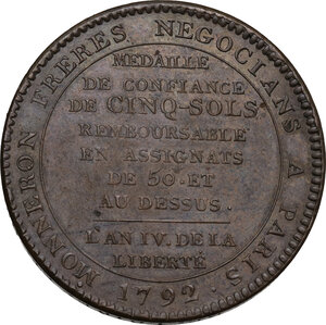 reverse: France.  First Republic. National Convention (1792-1795). . Monneron of 5 Sols (1792). Soho (Birmingham)