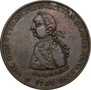 obverse: Netherlands.  William V (1748-1806), prince of Orange and the last stadtholder of the Dutch Republic. AE Medal 1766