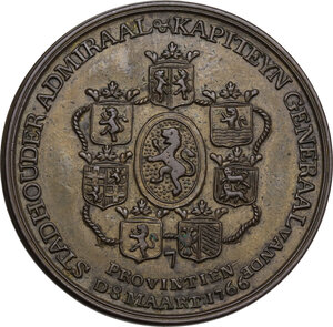 reverse: Netherlands.  William V (1748-1806), prince of Orange and the last stadtholder of the Dutch Republic. AE Medal 1766