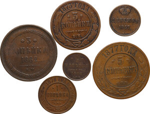 obverse: Russia.  Alexander II  (1855-1881).. Lot of six (6) coins: 5 kopecks 1877, 3 kopecks 1862, 1873, kopeck 1878, 1/2 kopeck 1876, denezhka 1857
