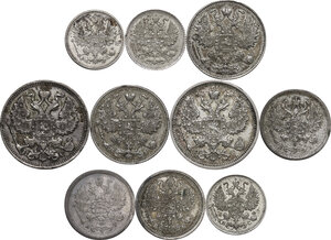 reverse: Russia. Lot of ten (10) silver coins : 20 kopecks 1913, 1915, 15 kopecks 1913, 1914, 10 kopecks 1874, 1888, 1916, 5 kopecks 1890, 1913, 1915