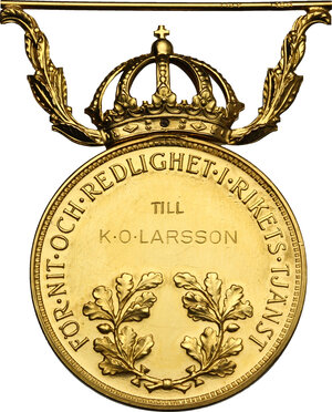 reverse: Sweden.  Gustaf VI (1950-1973). Badge of honor 1962, awarded to K. O. Larsson. With a sospension ornament in the shape of a crown. With original ribbon