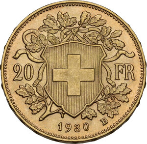 reverse: Switzerland.  Confederation (1848- ). 20 francs 1930 B, Bern mint