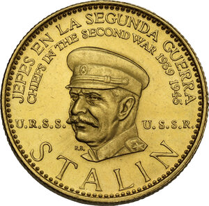 obverse: Venezuela.  Republic. AV 80 Bolivares Medal 1957 Banco Italo-Venezolano – Chiefs in the Second War series USSR STALIN.  Struck by the Karlsruhe mint (Baden, West Germany)