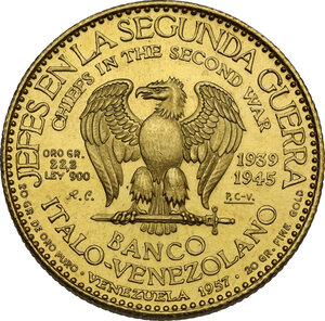 reverse: Venezuela.  Republic. AV 80 Bolivares Medal 1957 Banco Italo-Venezolano – Chiefs in the Second War series USSR STALIN.  Struck by the Karlsruhe mint (Baden, West Germany)