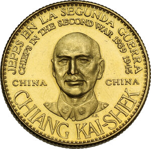 obverse: Venezuela.  Republic. AV 80 Bolivares Medal 1957 Banco Italo-Venezolano – Chiefs in the Second War series CHINA CHIANG KAI-SHEK.  Struck by the Karlsruhe mint (Baden, West Germany)