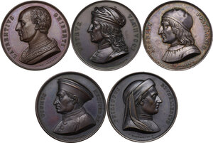obverse: Lotto di cinque (5) medaglie della serie Uomini Illustri (1842-1850):   Lorenzo Ghiberti, Pietro Vannucci (il Perugino), Angelo Poliziano (AG), Cosimo I de  Medici e Filippo Brunelleschi