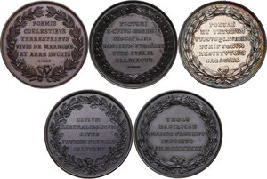 reverse: Lotto di cinque (5) medaglie della serie Uomini Illustri (1842-1850):   Lorenzo Ghiberti, Pietro Vannucci (il Perugino), Angelo Poliziano (AG), Cosimo I de  Medici e Filippo Brunelleschi