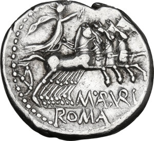 reverse: M. Aburius M.f. Geminus.. AR Denarius, 132 BC