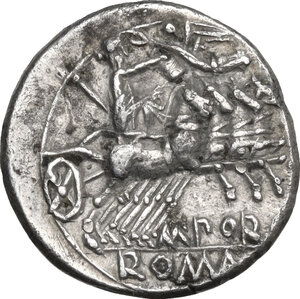 reverse: M. Porcius Laeca.. Fourrèe Denarius, 125 BC