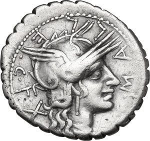 obverse: C. Malleolus C.f.. AR Denarius serratus, 118 BC