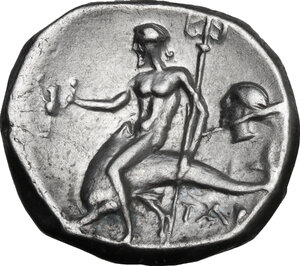 reverse: Southern Apulia, Tarentum. AR Nomos, c. 272-240 BC. Aristokles and Di-, magistrates