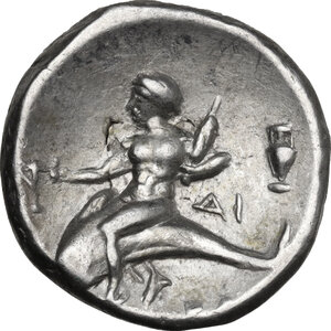 reverse: Southern Apulia, Tarentum. AR Nomos, c. 272-240 BC. Hippoda- and Di-, magistrates