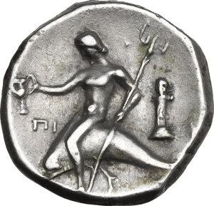 reverse: Southern Apulia, Tarentum. AR Nomos, c. 272-240 BC. Aristokrates and Pi-, magistrates