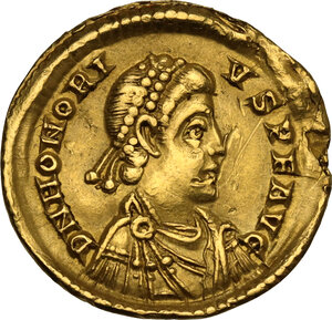 obverse: Honorius (393-423).. AV Solidus, Mediolanum mint, 402-423 AD