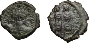 obverse: Justin II (565-578).. Multiple lot of two (2) Halves Folles (one of which with significant traces of overstriking) Thessalonica mint