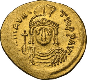 obverse: Maurice Tiberius (582-602).. AV Solidus,  Constantinople mint