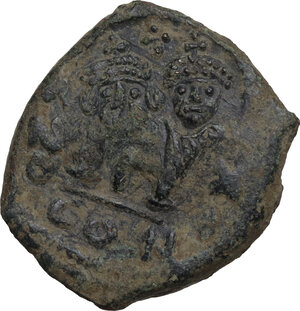 obverse: Heraclius, with Heraclius Constantine (610-641).. AE Follis countermarked on Follis of Heraclius and Heraclius Constantine of Constantinople. Syracuse mint