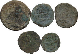 reverse: The Roman Republic. Multiple lot of five (5) unclassified AE coins, mostly Asses, including Q. Titius, M. Censorinus and Sextus Pompeius