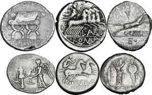 reverse: The Roman Republic. Multiple lot of six (6) unclassified AR coins, mostly Denarii