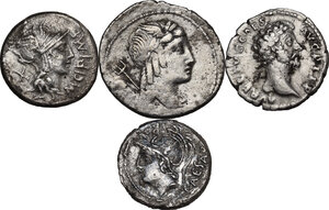 obverse: The Roman Republic to the Empire.. Multiple lot of four (4) unclassified AR Denarii, mostly Republican, including a Marcus Aurelius Denarius