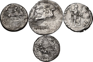 reverse: The Roman Republic to the Empire.. Multiple lot of four (4) unclassified AR Denarii, mostly Republican, including a Marcus Aurelius Denarius