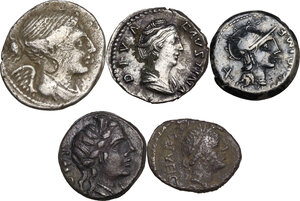 obverse: The Roman Republic to the Empire.. Multiple lot of five (5) unclassified AR coins, mostly Republican, including a very attractive Denarius of Faustina I