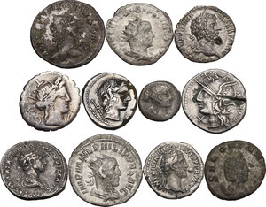 obverse: The Roman Republic to the Empire.. Multiple lot of eleven (11) unclassified AR and BI coins, including at least a fourrèe and a very attractive Trajan s Denarius