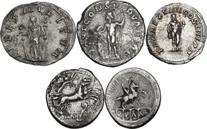 reverse: The Roman Republic to the Empire.. Multiple lot of five (5) unclassified AR coins, including 2 Republican Denarii, a very pleasant Denarius of Caracalla and 2 Antoniniani