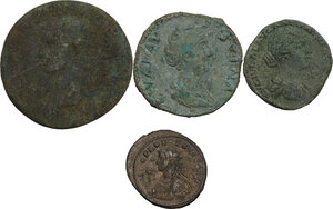 obverse: The Roman Empire.. Multiple lot of four (4) unclassified AE and BI coins, including 2  Sestertii (Nero Claudius Drusus and Faustina I)