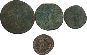 reverse: The Roman Empire.. Multiple lot of four (4) unclassified AE and BI coins, including 2  Sestertii (Nero Claudius Drusus and Faustina I)