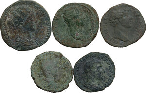 obverse: The Roman Empire.. Multiple lot of five (5) unclassified AE coins, mostly Asses, including a choice Sestertius of Lucilla, with a superb delicate portrait