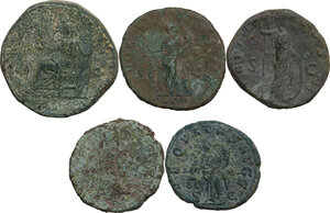 reverse: The Roman Empire.. Multiple lot of five (5) unclassified AE coins, mostly Asses, including a choice Sestertius of Lucilla, with a superb delicate portrait