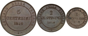 reverse: Vittorio Emanuele II  (1859-1861). Lotto di tre (3) monete: 5 centesimi, 2 centesimi e centesimo 1859