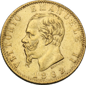 obverse: Vittorio Emanuele II  (1861-1878). 20 Lire 1862 Torino