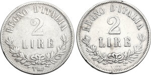 reverse: Vittorio Emanuele II  (1861-1878).. Lotto di due (2) monete da 2 Lire 1863 Napoli e Torino