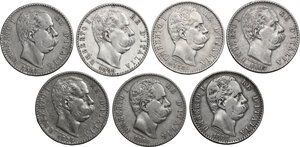 obverse: Umberto I (1878-1900).. Lotto di sette (7) monete da 2 Lire 1882, 1884, 1886, 1887, 1897, 1898 e 1899