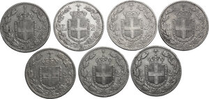 reverse: Umberto I (1878-1900).. Lotto di sette (7) monete da 2 Lire 1882, 1884, 1886, 1887, 1897, 1898 e 1899