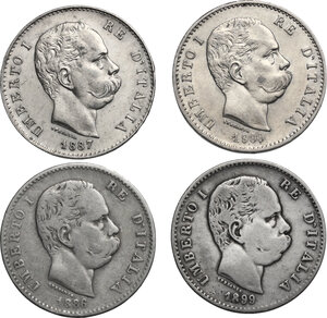 obverse: Umberto I (1878-1900).. Lotto di quattro (4) monete da 1 Lira 1886, 1887, 1899 e 1900