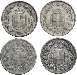reverse: Umberto I (1878-1900).. Lotto di quattro (4) monete da 1 Lira 1886, 1887, 1899 e 1900
