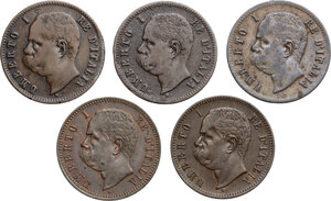 obverse: Umberto I (1878-1900).. Lotto di cinque (5) monete. Serie completa dei 2 Centesimi 1895, 1896, 1897, 1898 e 1900