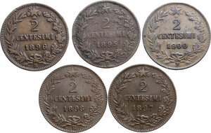 reverse: Umberto I (1878-1900).. Lotto di cinque (5) monete. Serie completa dei 2 Centesimi 1895, 1896, 1897, 1898 e 1900