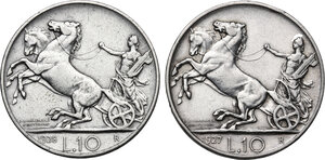 reverse: Vittorio Emanuele III (1900-1943). Lotto di due (2) monete da 10 lire: 1927 ** e 1928 *