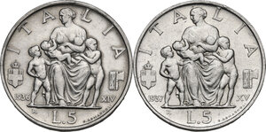 reverse: Vittorio Emanuele III (1900-1943). Coppia di monete da 5 lire A. XIV, 1936 e A. XV, 1937