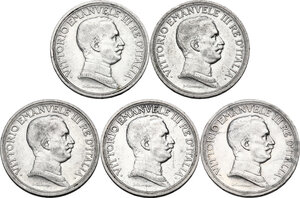 obverse: Vittorio Emanuele III (1900-1943). Serie di quattro (4) monete da 2 lire: 1914, 1915, 1916, 1917. In aggiunta un secondo esemplare 2 lire 1916