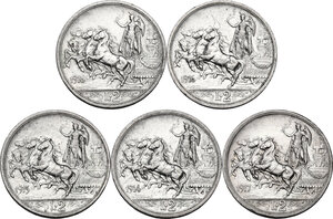 reverse: Vittorio Emanuele III (1900-1943). Serie di quattro (4) monete da 2 lire: 1914, 1915, 1916, 1917. In aggiunta un secondo esemplare 2 lire 1916