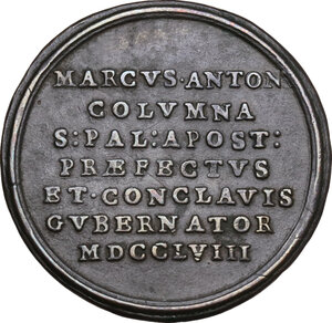 reverse: Sede Vacante (1758), Prefetto dei Sacri Palazzi Apostolici e Governatore del Conclave Monsignore Marco Antonio Colonna.. Medaglia 1758