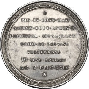 reverse: Pio IX  (1846-1878), Giovanni Mastai Ferretti.. Medaglia 1869 emessa dalla Città di Velletri per ricordare il Giubileo Sacerdotale di Pio IX